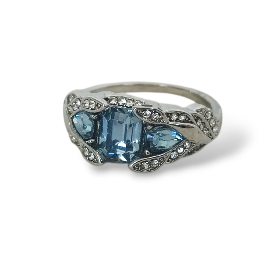 Sky Blue Gemstone Ring Elegant Emerald Cut Lab Created Crystal Silver Plated 9
